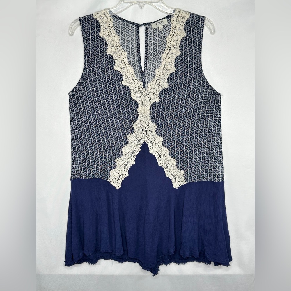 Umgee Navy & Lace Tunic Top Frayed Hem Keyhole Bohemian Sz L